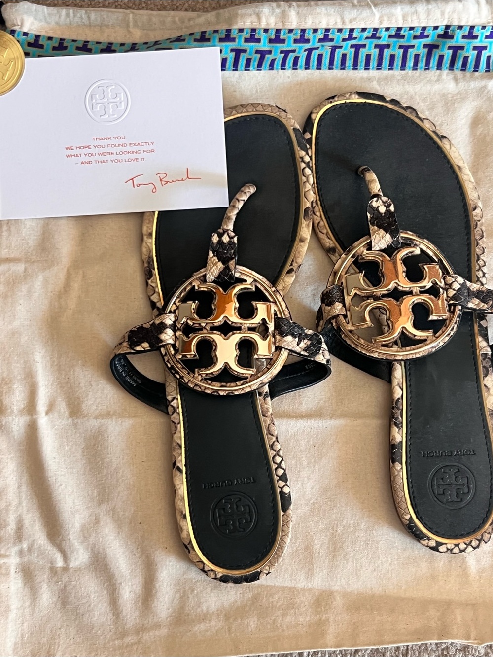 Tory Burch Black & Natural Snake-Print Miller Sandals with Gold Logo